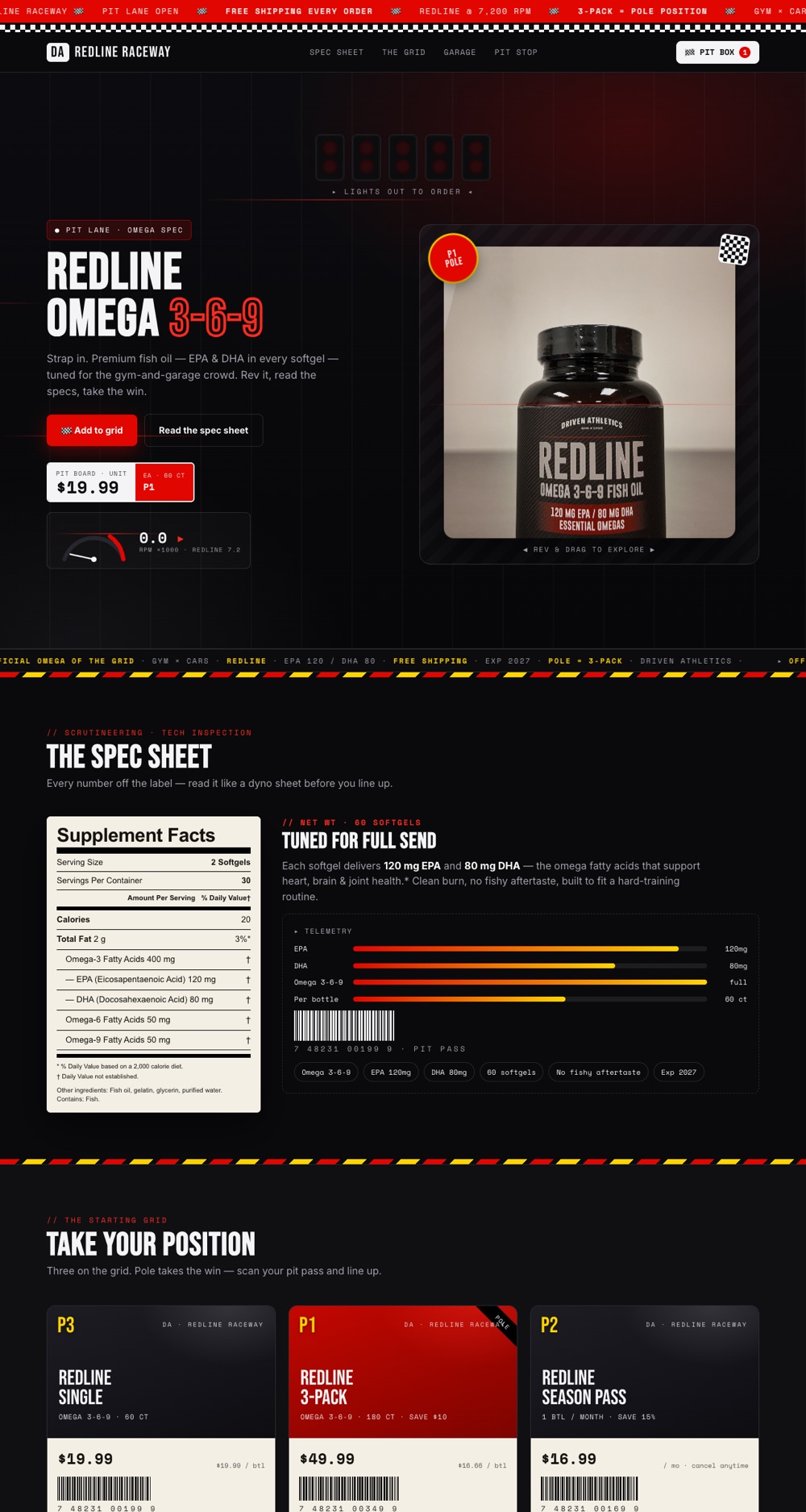 Driven Athletics Redline Omega fish oil landing page