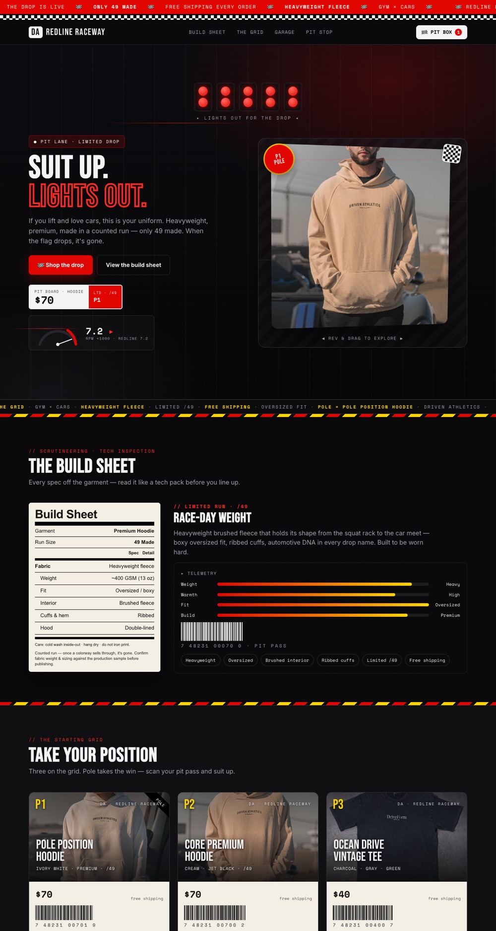 Driven Athletics Redline Raceway hoodie drop landing page