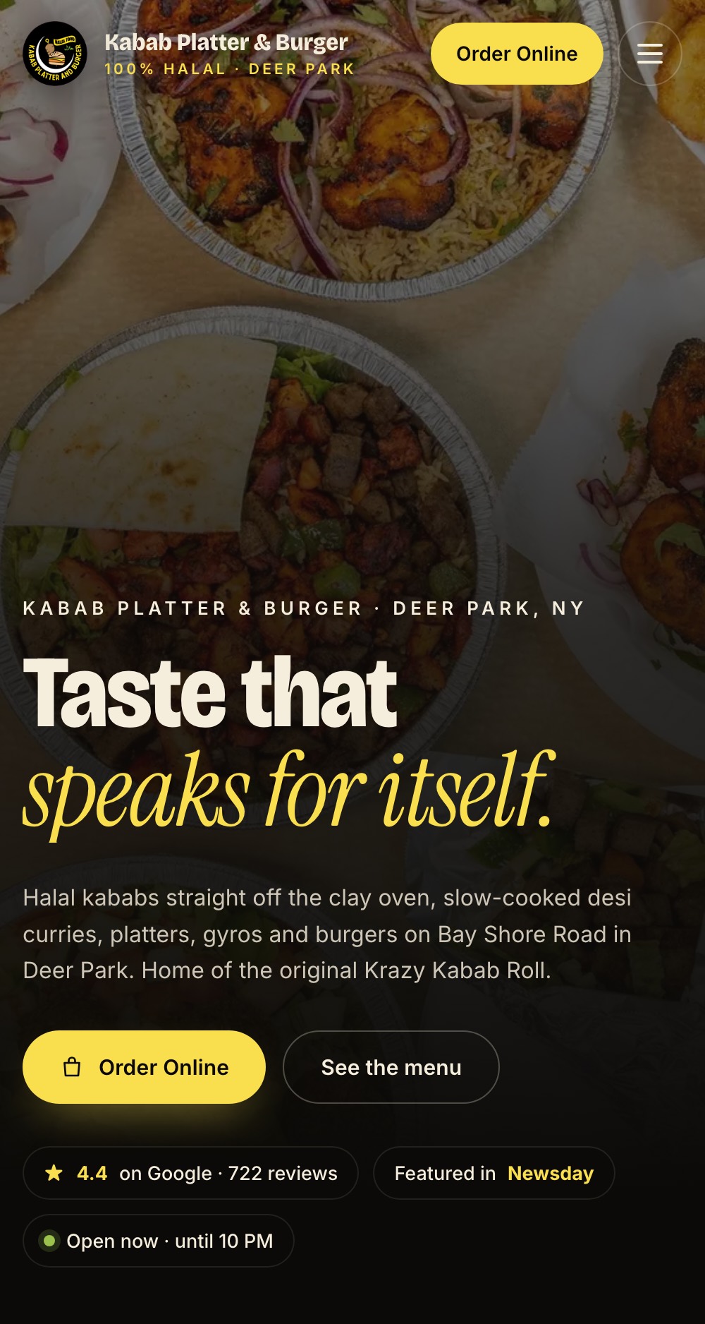 Kabab Platter & Burger halal kabab restaurant website in Deer Park, NY